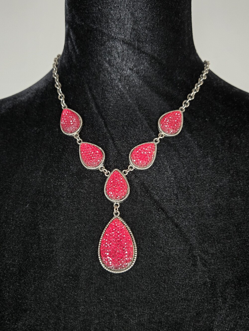 Silvertone Red Teardrop Statement Necklace Druzy Inspired Costume Jewelry